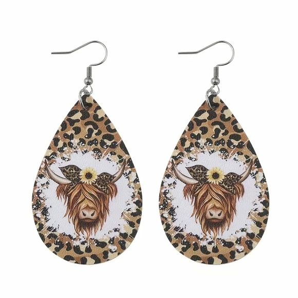 Jewelry - 2 For $20 Ethnic Retro Leopard Bull Cow Faux Leather Drop Hook Earrings New